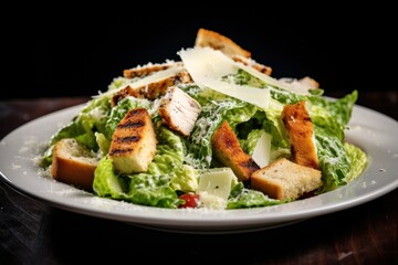 chicken Caesar salad, tossed with romaine lettuce, Parmesan cheese, croutons, and a creamy Caesar dressing, presented on a white salad plate.