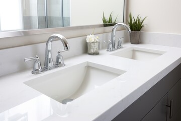 double bathroom sink with ample counter space and modern faucets. Isolated on white background.
