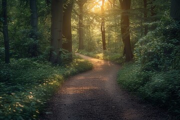 Fototapeta premium The sunshine filters through the trees along a forest path