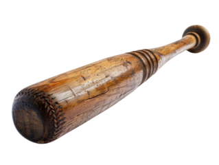 Close-up of a weathered baseball bat isolated on a white background, showcasing the texture and age of the wood.