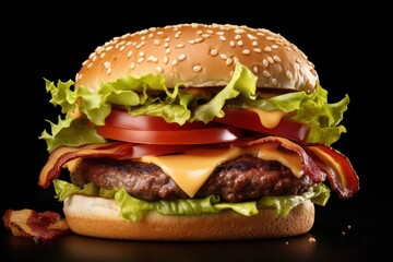 mouthwatering pork burger, topped with melted cheese, crisp bacon, and fresh lettuce and tomato.