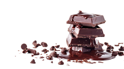 Broken chocolate blocks stack pile with sauce or sherbet isolated on transparent background