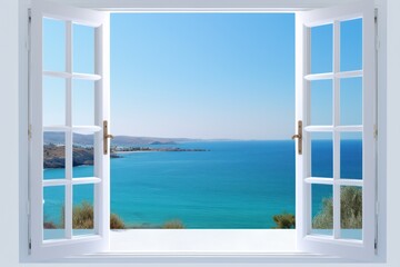 panoramic PVC door with a breathtaking view of the ocean. © Phuwadon