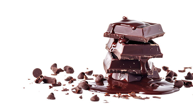 Broken chocolate blocks stack pile with sauce or sherbet isolated on transparent background