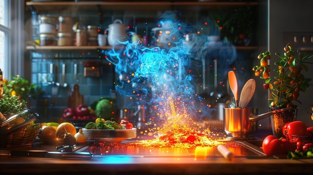 kitchen nooddle with a digital holographic flying around