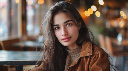 Beautiful young brunette woman in a brown jacket sitting on the background of a cafe. Indian freelancer or student girl looking at the camera