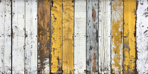 white and yellow planks wall. Weathered wooden planks with peeling paint, showcasing a rustic and vintage aesthetic, perfect for backgrounds, decor, and artistic projects..