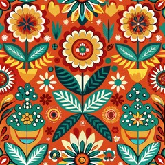 Seamless pattern of traditional Scandinavian folk art motifs, featuring floral and geometric designs, Generative AI
