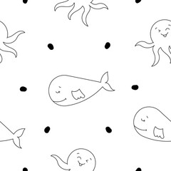 Cartoon aquatic animals. Seamless pattern. Coloring Page. Fish characters underwater world. Marine life. Vector drawing. Design ornaments.