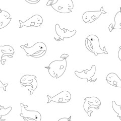 Cartoon aquatic animals. Seamless pattern. Coloring Page. Fish characters underwater world. Marine life. Vector drawing. Design ornaments.