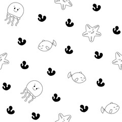 Cartoon aquatic animals. Seamless pattern. Coloring Page. Fish characters underwater world. Marine life. Vector drawing. Design ornaments.