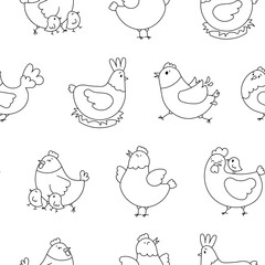 Hen rooster and chick. Seamless pattern. Coloring Page. Cute chicken farm characters. Vector drawing. Design ornaments.