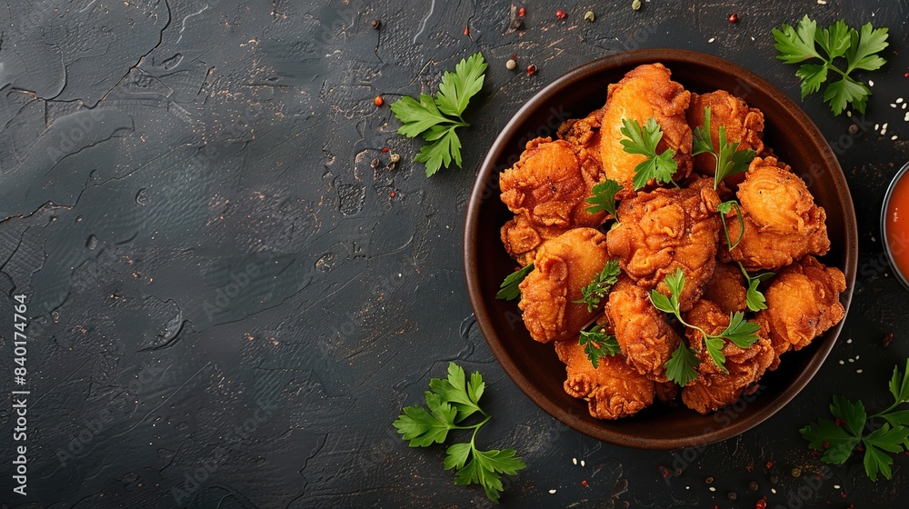 Wall mural fried chicken photographed from above in a flat lay style copy space