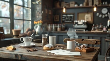 Inviting Atmosphere Cozy Indie Coffee Shop with Rustic Charm Steaming Mugs and Blank Business Cards on Wooden Tables Perfect for Small Business or Lifestyle Blogs