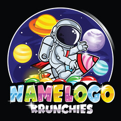 Astronaut Riding Rocket Vector badges and labels. Astronaut With Planet Candy Bowl Cartoon logo Vector. Cute Astronaut Riding Rocket Cartoon Vector Icon Illustration