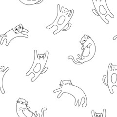 Cute funny cat. Seamless pattern. Coloring Page. Kitten character cartoon. Vector drawing. Design ornaments.