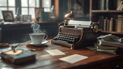 Obraz premium Vintage Writer's Retreat Blank Business Cards Typewriter and Tea