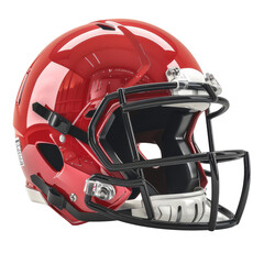 Fototapeta premium Red American football helmet with black faceguard, isolated on white background, perfect for sports equipment and safety gear concepts.