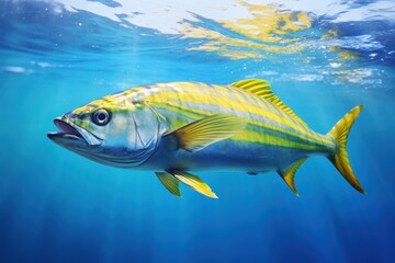 Naklejka premium underwater shot of a mahi-mahi swimming gracefully, emphasizing its vibrant blue and yellow stripes.