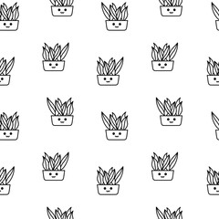 Cute kawaii flowerpot. Seamless pattern. Coloring Page. Houseplants character. Hand drawn style. Vector drawing. Design ornaments.