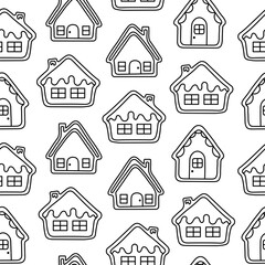 Gingerbread christmas house decorated with candies. Seamless pattern. Coloring Page. Sweet cookie. Hand drawn style. Vector drawing. Design ornaments.