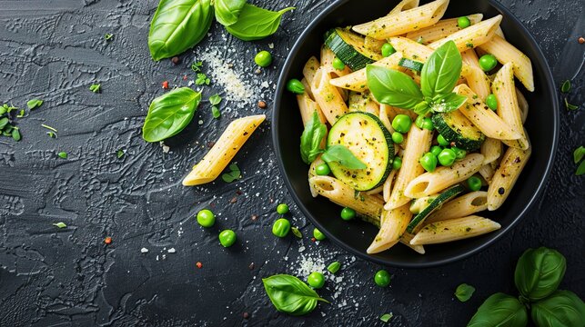 Italian Food Featuring Penne Pasta Pesto Sauce Zucchini Green Peas And Basil Photographed From Above In A Flat Lay Style