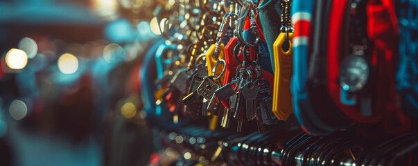 Colorful keychains displayed in a row with blurred background.