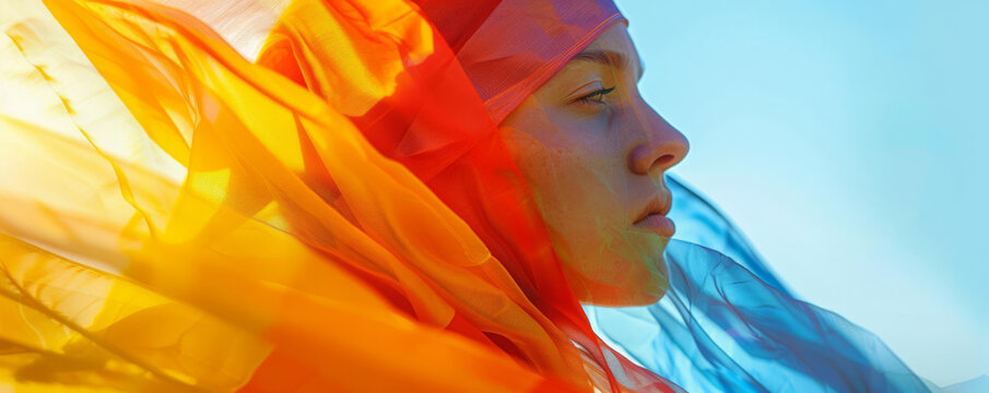 Woman in colorful fabric with a serene expression.