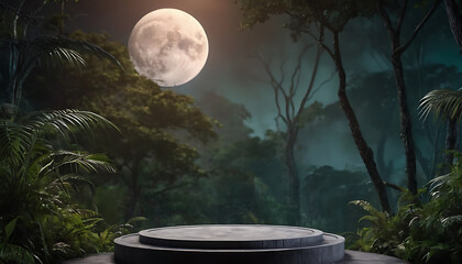  Enchanting jungle clearing with a moonlit stone podium, ideal for showcasing products that evoke nature, adventure, or fantasy themes
