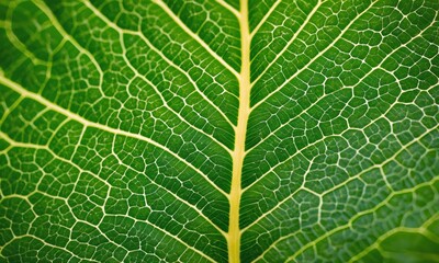 Closeup view of a green leaf's vein texture
