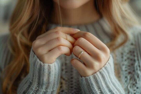 Lady holding engagement ring in sweater