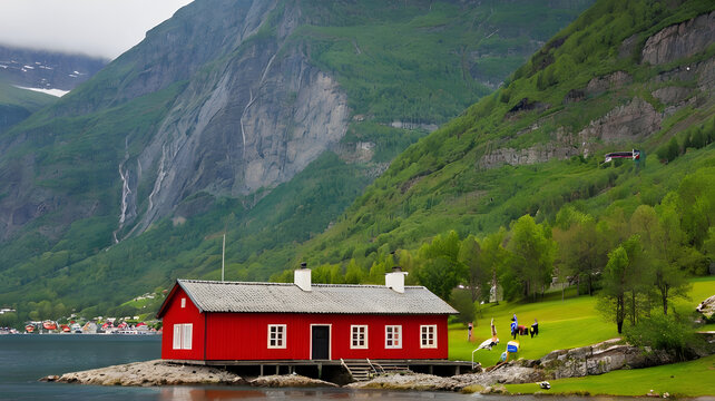 Norway, Aurland, Cottage of traditional village Otternes over Aurlandsfjord