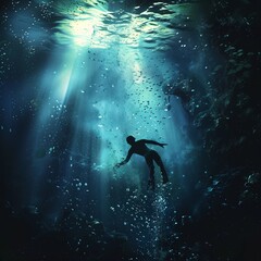 A lone diver swims through a dark cenote, illuminated by a beam of sunlight
