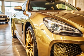 A modern car dealership office. The business concept of car sales and rentals. The new car is parked in a modern car dealership. The concept of car leasing and insurance. An electric car.