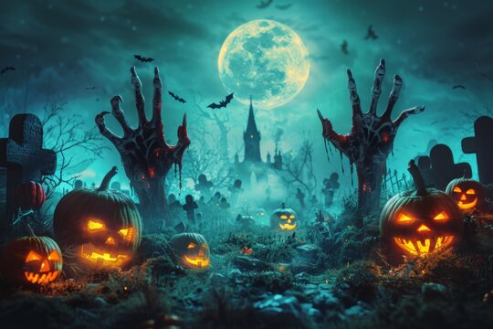 Halloween pumpkins in a cemetery under a full moon