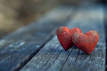 Fototapeta premium Pair red hearts wood bench