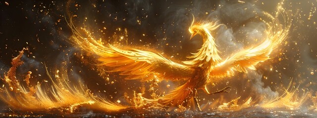 Magnificent Golden Phoenix Soaring in Ethereal Artwork