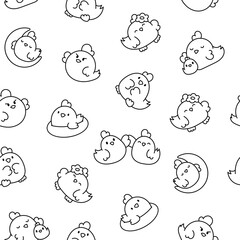 Cute kawaii chicken. Seamless pattern. Coloring Page. Cartoon farm birds characters. Funny domestic animals. Hand drawn style. Vector drawing. Design ornaments.