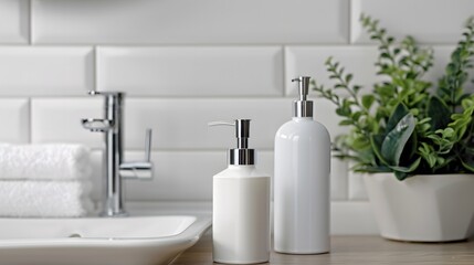Fototapeta premium Blank Label Lotion Pump: A modern lotion pump bottle with no in bathroom setting.