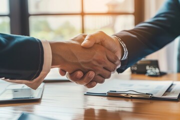Business people shaking hands after closing a succesful deal in the office. Ai generative