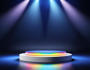 Illuminated circular stage with rainbow accents, perfect for product showcases, presentations, or awards ceremonies.