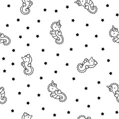 Cute kawaii seahorse. Seamless pattern. Coloring Page. Cartoon underwater animal characters. Hand drawn style. Vector drawing. Design ornaments.