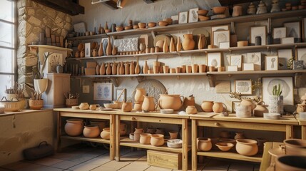 Fototapeta premium Artisanal Elegance Pottery Gallery Showcase with Business Cards Wheels and Kilns Crafted Creations Await