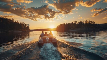 Three people enjoy a boat ride on a lake during a beautiful sunset, summer vacation. - Powered by Adobe