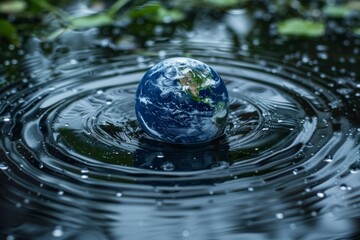 Floating blue earth in water
