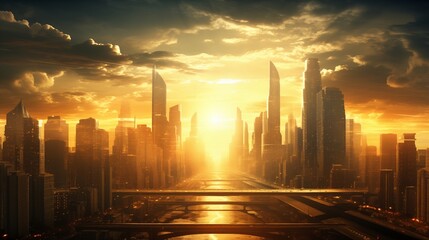 At dawn, sunlight bathes the cityscape, casting a radiant glow from the horizon, painting the sky with hues of morning light.