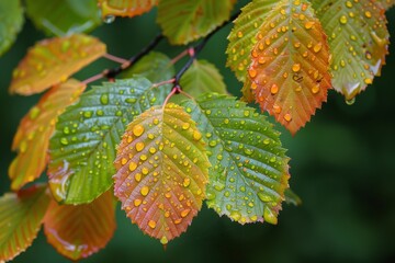 Leaf with water droplets close up