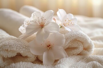 Folded towels on bed with flowers