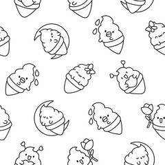 Cute kawaii ice cream characters. Seamless pattern. Coloring Page. Cartoon sweet smiling dessert. Hand drawn style. Vector drawing. Design ornaments.
