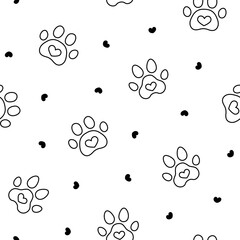 Dog or cat paw print. Seamless pattern. Coloring Page. Animal footprints. Hand drawn style. Vector drawing. Design ornaments.
